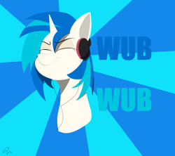 Size: 1800x1600 | Tagged: safe, artist:passigcamel, dj pon-3, vinyl scratch, pony, unicorn, bust, eyes closed, headphones, solo, sunburst background, wub