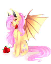 Size: 2555x3200 | Tagged: safe, artist:kriss-studios, fluttershy, bat pony, apple, bat ponified, female, flutterbat, food, looking at you, mare, race swap