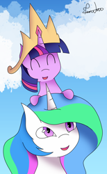 Size: 1106x1792 | Tagged: safe, artist:francis-márt, princess celestia, twilight sparkle, alicorn, pony, accessory swap, bust, cloud, crown, cute, duo, eyes closed, female, happy, jewelry, mare, open mouth, ponies riding ponies, portrait, regalia, riding, sky