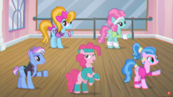 Size: 1920x1080 | Tagged: safe, screencap, flashdancer, limelight, pinkie pie, surf, turf, earth pony, pony, dancing, female, male, mare, official, retro, stallion