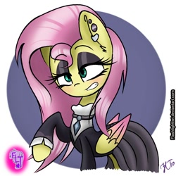 Size: 768x768 | Tagged: safe, artist:flashlighttwi, fluttershy, pegasus, pony, fake it 'til you make it, abstract background, blushing, clothes, ear piercing, earring, eyeshadow, female, fluttergoth, goth, jewelry, makeup, mare, piercing, signature, solo