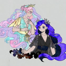 Size: 2048x2048 | Tagged: safe, artist:arcticfoxy4, princess celestia, princess luna, human, breasts, cleavage, clothes, crown, dress, duo, ethereal mane, female, gray background, humanized, jewelry, lantern, laurel wreath, paintbrush, painting, regalia, royal sisters, siblings, simple background, sisters, starry hair, tiara, woman