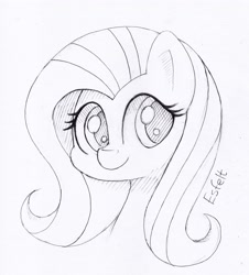 Size: 2308x2552 | Tagged: safe, artist:esfelt, fluttershy, pegasus, pony, bust, female, looking at you, mare, monochrome, pencil drawing, simple background, sketch, smiling, solo, traditional art, white background