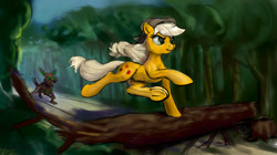 Size: 2000x1121 | Tagged: safe, artist:xbi, applejack, earth pony, pony, timber wolf, chase, female, forest, jumping, mare, parkour, running, tree, underhoof