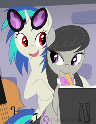 Size: 2625x3375 | Tagged: safe, artist:sotwnisey, dj pon-3, octavia melody, vinyl scratch, earth pony, pony, unicorn, bowtie, cello, female, glasses, lesbian, mare, mouth hold, musical instrument, open mouth, pencil, red eyes, scratchtavia, shipping, smiling, vinyl and octavia's home, wrong coat color, wrong eye color