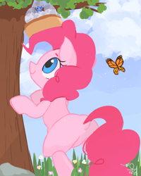 Size: 1793x2241 | Tagged: safe, artist:yunyeyoung, pinkie pie, bird, butterfly, earth pony, pony, bird nest, cute, diapinkes, dock, egg, featureless crotch, missing cutie mark, plot, tree