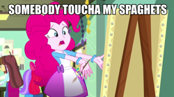 Size: 960x539 | Tagged: safe, edit, edited screencap, screencap, pinkie pie, eqg summertime shorts, equestria girls, the art of friendship, dead meme, image macro, meme, somebody toucha my spaghet