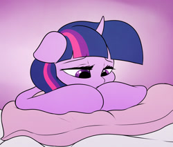 Size: 2000x1700 | Tagged: safe, artist:elzzombie, derpibooru import, twilight sparkle, frown, gradient background, looking down, pillow, sad, solo, vent art