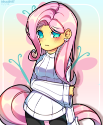 Size: 900x1100 | Tagged: safe, artist:miruukiiart, fluttershy, equestria girls, clothes, ear piercing, earring, hand on arm, jewelry, looking at you, no pupils, piercing, solo, sweater