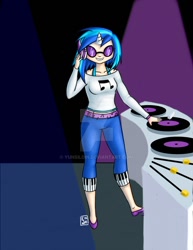 Size: 900x1165 | Tagged: safe, artist:yunsildin, dj pon-3, vinyl scratch, human, horned humanization, humanized, solo, turntable, watermark