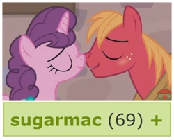 Size: 732x591 | Tagged: safe, big macintosh, sugar belle, hard to say anything, 69 (number), boop, derpibooru, exploitable meme, female, kissing, male, meme, meta, nose wrinkle, noseboop, shipping, straight, sugarmac, tags, text