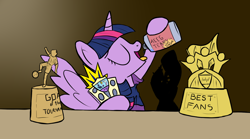 Size: 1600x889 | Tagged: safe, derpibooru import, twilight sparkle, twilight sparkle (alicorn), alicorn, pony, 4chan cup, drinking, eyes closed, football, solo, tongue out, trophy, your tears are delicious