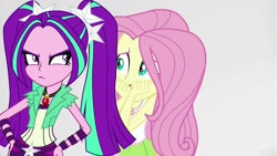 Size: 1280x720 | Tagged: safe, artist:bigpurplemuppet99, edit, edited screencap, screencap, aria blaze, fluttershy, equestria girls, mirror magic, spoiler:eqg specials, ariashy, clothes, female, flutterblaze, gem, lesbian, pigtails, resting bitch face, shipping, siren gem, skirt, tanktop, twintails