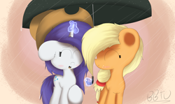 Size: 5000x2988 | Tagged: safe, artist:bronybehindthedoor, applejack, rarity, earth pony, pony, unicorn, accessory swap, female, lesbian, rain, rarijack, shipping, umbrella, wet, wet mane, wet mane rarity