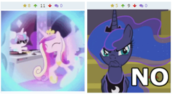 Size: 771x420 | Tagged: safe, princess cadance, princess flurry heart, princess luna, alicorn, pony, a royal problem, derpibooru, image macro, juxtaposition, meme, meta