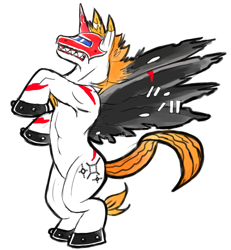 Size: 1522x1650 | Tagged: safe, artist:dyw14, alicorn, crossover, digimon, ponified, rearing, sharp teeth, simple background, solo, tattered wings, teeth, unimon, white background