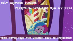 Size: 480x270 | Tagged: safe, edit, edited screencap, screencap, pinkie pie, earth pony, pony, yakity-sax, crying, cute, diapinkes, discovery family logo, pun, sad, sadorable, text