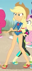 Size: 937x2100 | Tagged: safe, screencap, applejack, fluttershy, pinkie pie, better together, equestria girls, forgotten friendship, clothes, cowboy hat, cropped, diving suit, feet, flip-flops, hat, legs, midriff, sandals, stetson, swimsuit, wetsuit