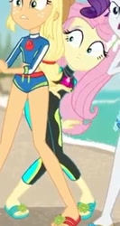 Size: 1117x2100 | Tagged: safe, screencap, applejack, fluttershy, rarity, better together, equestria girls, forgotten friendship, clothes, cropped, diving suit, feet, flip-flops, legs, sandals, swimsuit, wetsuit