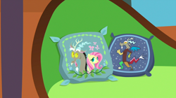 Size: 1440x809 | Tagged: safe, screencap, discord, fluttershy, discordant harmony, embroidery, female, male, no pony, pillow, sofa, throw pillow