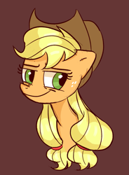 Size: 1067x1451 | Tagged: safe, artist:chroniqlo, applejack, earth pony, pony, brown background, cowboy hat, female, freckles, hat, mare, simple background, smug, stetson