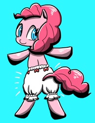 Size: 640x827 | Tagged: safe, artist:asg, pinkie pie, earth pony, pony, clothes, female, looking at you, looking back, looking back at you, mare, shorts, simple background, solo