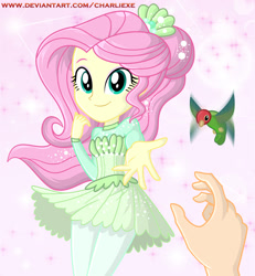 Size: 763x824 | Tagged: safe, artist:charliexe, fluttershy, bird, hummingbird, better together, equestria girls, so much more to me, beautiful, clothes, cute, dress, female, hand, looking at you, offscreen character, pink background, pov, shyabetes, simple background, smiling