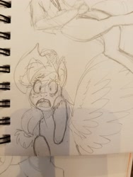 Size: 3024x4032 | Tagged: safe, artist:prismspark, applejack, earth pony, pony, hat, monochrome, scared, traditional art, wings