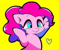 Size: 1274x1086 | Tagged: safe, artist:asg, pinkie pie, earth pony, pony, female, heart, mare, simple background, solo, yellow background