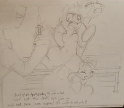 Size: 2988x2590 | Tagged: safe, artist:prismspark, apple bloom, applejack, big macintosh, earth pony, pony, featureless crotch, monochrome, needle, panicking, scared, syringe, traditional art, trypanophobia