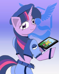 Size: 2310x2900 | Tagged: safe, artist:bakumaru01, derpibooru import, twilight sparkle, pikachu, pony, semi-anthro, bipedal, clothes, ipad, pokémon, pokémon go, solo, team mystic