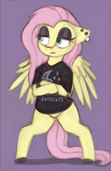 Size: 793x1224 | Tagged: safe, artist:marsminer, fluttershy, pegasus, pony, bipedal, bottomless, clothes, ear piercing, eyeshadow, female, fluttergoth, goth, makeup, mare, partial nudity, piercing, shirt, simple background, solo