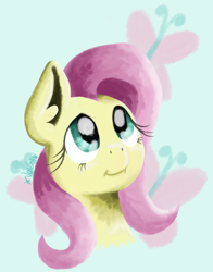 Size: 694x885 | Tagged: safe, artist:valemjj, fluttershy, pegasus, pony, bust, cutie mark background, female, mare, smiling, solo