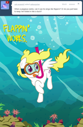 Size: 700x1068 | Tagged: safe, artist:willdrawforfood1, surprise, pegasus, pony, g1, ask surprise, female, g1 to g4, generation leap, mare, snorkel, solo, underwater