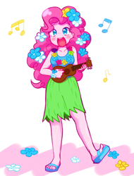 Size: 1000x1318 | Tagged: safe, artist:sagwamat, pinkie pie, equestria girls, blushing, clothes, commissioner:imperfectxiii, cute, diapinkes, feet, female, flip-flops, grass skirt, hula, hulapie, legs, moe, sandals, singing, skirt, solo, ukulele, weapons-grade cute