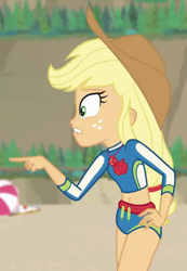 Size: 601x871 | Tagged: safe, screencap, applejack, better together, equestria girls, forgotten friendship, applejack's hat, belly button, clothes, cowboy hat, geode of super strength, hat, midriff, pointing, solo, swimsuit