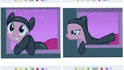 Size: 465x262 | Tagged: safe, derpibooru import, screencap, pinkie pie, earth pony, pony, it's about time, breaking the fourth wall, cropped, derpibooru, juxtaposition, meta, screenshots, skinsuit, solo, stealth suit