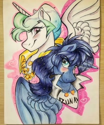 Size: 1080x1306 | Tagged: safe, artist:raccoonrambles, princess celestia, princess luna, alicorn, pony, bust, clothes, duo, female, mare, siblings, sisters, traditional art