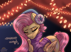 Size: 1024x745 | Tagged: safe, artist:laurabaggins, fluttershy, pegasus, pony, best gift ever, clothes, descriptive noise, earmuffs, eyes closed, female, mare, solo, sweater, turtleneck, winter outfit