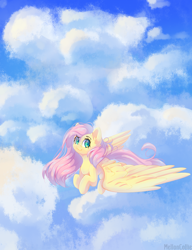 Size: 1150x1500 | Tagged: safe, artist:melloncollie-chan, fluttershy, pegasus, pony, cloud, female, flying, looking at you, looking sideways, mare, sky, smiling, solo, spread wings, three quarter view, wings