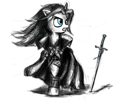 Size: 1750x1500 | Tagged: safe, artist:2chpencil, pony, unicorn, alucard, cape, castlevania, clothes, female, frown, glare, glowing horn, gritted teeth, looking back, male, mare, monochrome, ponified, raised hoof, simple background, stallion, sword, weapon, white background, windswept mane