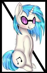 Size: 501x775 | Tagged: safe, artist:deerotic25, dj pon-3, vinyl scratch, pony, unicorn, blushing, sitting, solo