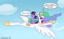 Size: 2204x1352 | Tagged: safe, artist:strebiskunk, princess celestia, twilight sparkle, unicorn twilight, alicorn, pony, unicorn, cloud, dialogue, female, flying, mare, ponies riding ponies, powdered toast man, ren and stimpy, riding, sky, windswept mane