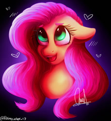 Size: 1024x1119 | Tagged: safe, artist:paintcoloryt, fluttershy, pegasus, pony, bust, cute, female, floppy ears, gradient background, heart, looking up, mare, open mouth, portrait, shyabetes, signature, solo