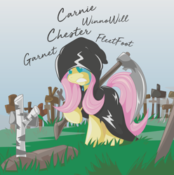 Size: 3680x3704 | Tagged: safe, artist:piterq12, fluttershy, pegasus, pony, cloak, clothes, crying, female, graveyard, grim reaper, looking at something, mare, scythe, solo