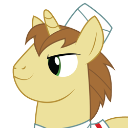 Size: 800x800 | Tagged: safe, artist:joey, derpibooru exclusive, donut joe, pony, unicorn, bust, derpibooru, derpibooru badge, hat, male, meta, portrait, simple background, solo, transparent background