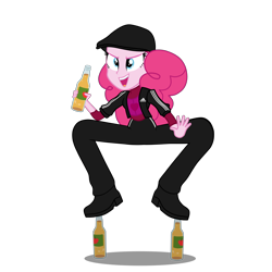 Size: 3840x3840 | Tagged: safe, edit, pinkie pie, equestria girls, adidas, apple cider, bottle, cider, female, flat cap, gopnik, hat, simple background, slav, solo, squatting, tracksuit, transparent background