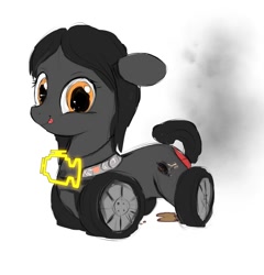 Size: 1037x1080 | Tagged: safe, artist:darkstylerz, oc, oc only, cyborg, hybrid, object pony, original species, car, check engine light, dripping, fiat punto, oil, ponified, simple background, sketch, smoke, solo, tongue out, unnamed oc, wat, wheel, wheelpone, white background, wip