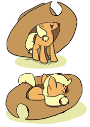 Size: 500x704 | Tagged: safe, artist:foudubulbe, applejack, earth pony, pony, behaving like a cat, blank flank, clothes, cowboy hat, cute, eyes closed, female, filly, filly applejack, foudubulbe is trying to murder us, hat, hnnng, jackabetes, open mouth, oversized clothes, oversized hat, prone, silly, silly pony, simple background, sleeping, smiling, smol, smolpone, stetson, tiny ponies, transparent background, weapons-grade cute, who's a silly pony, younger