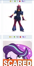 Size: 1169x2239 | Tagged: safe, starlight glimmer, tempest shadow, human, equestria girls, my little pony: the movie, caption, clothes, costume, derpibooru, expand dong, exploitable meme, image macro, irl, irl human, juxtaposition, meme, meta, photo, scared, why.jpg